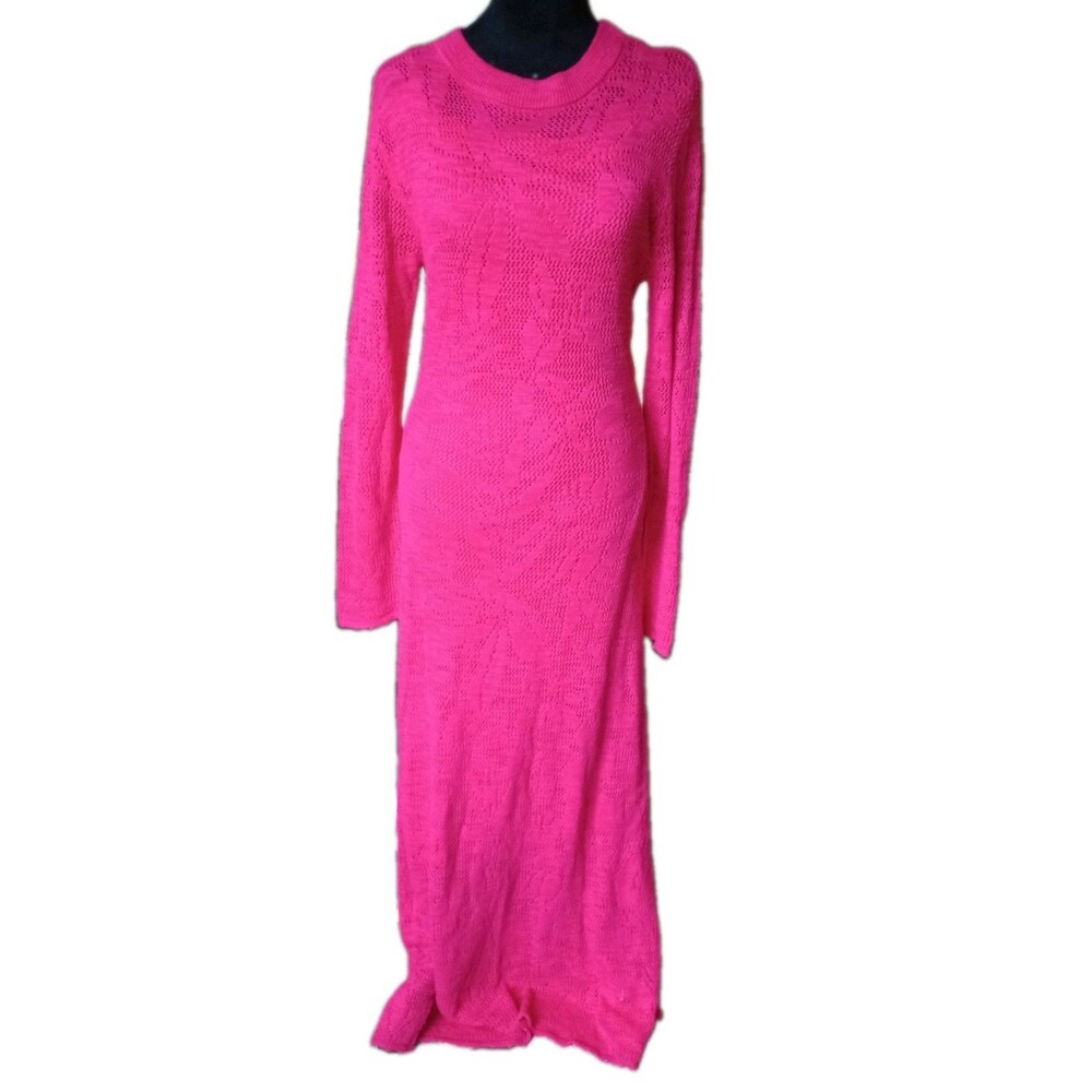 A New Day Women's M Pink Open Knit Floral Design Bodycon Maxi Sweater Dress NWT